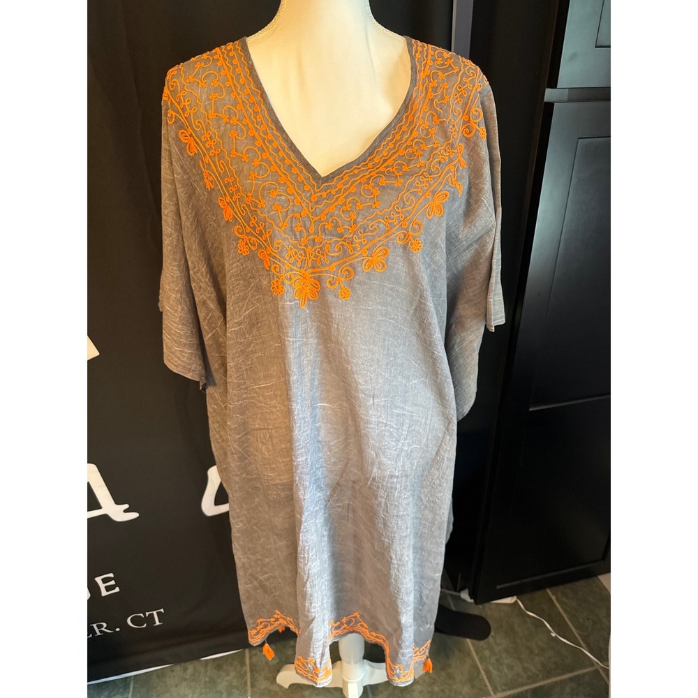 Just Style Gray Orange Embroidered Kaftan Beach Cover Up One Size Fits Most